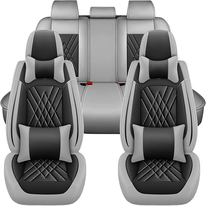 Car Seat Covers Compatible with Toyota Camry 2012-2026 Durable Waterproof Automotive Seat Covers Stretchable Fabric Material,Airbag Compatibility,Premium Nappa Leather(Black Gray,Full Set with Pillow)