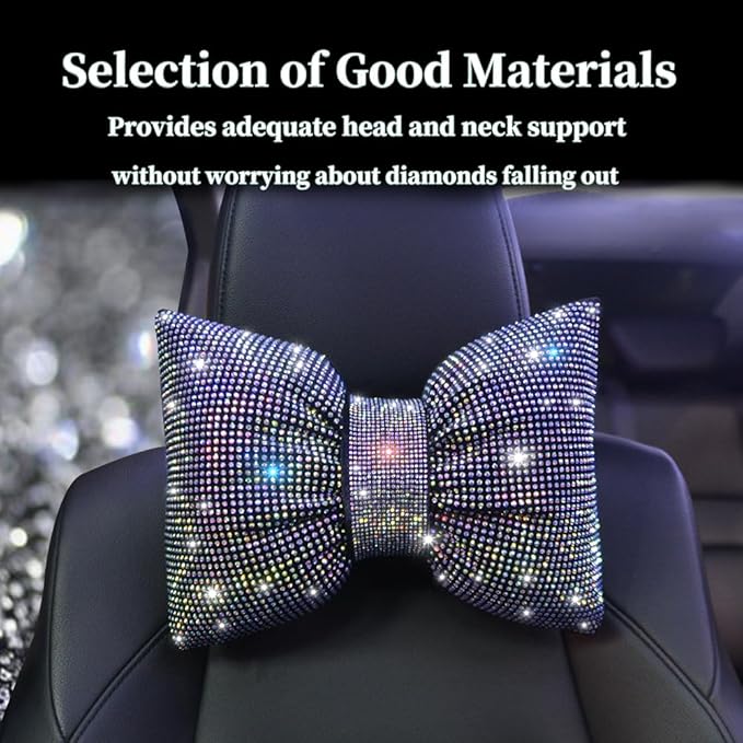 Bling Car Neck Pillow with Bow Tie Rainbow Crystal Rhinestone Diamond Automotive Accessories for Ladies and Woman Girls Driving Comfort Auto Seat Pillow for Driver Colorful 2Pcs