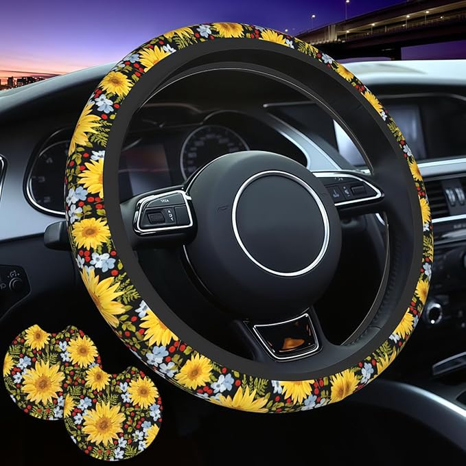 Yellow Sunflower Steering Wheel Cover - Sunflower Steering Wheel Cover Anti-Slip Car with 2 Pieces Car Coasters Suitable for Men Women