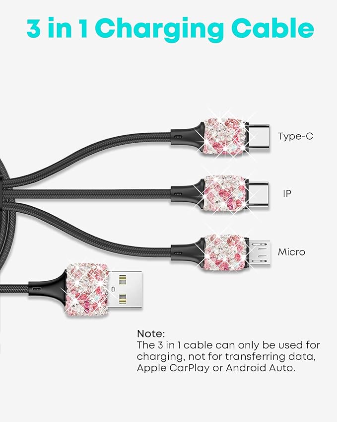 Bling USB Car Charger 5V 2.4A Mix Crystal Decor Dual Port Fast Adapter with 4ft Nylon Type C Micro USB 3 in 1 Multi Charging Cable for iPhone iPad Android, Auto Interior Accessories for Women