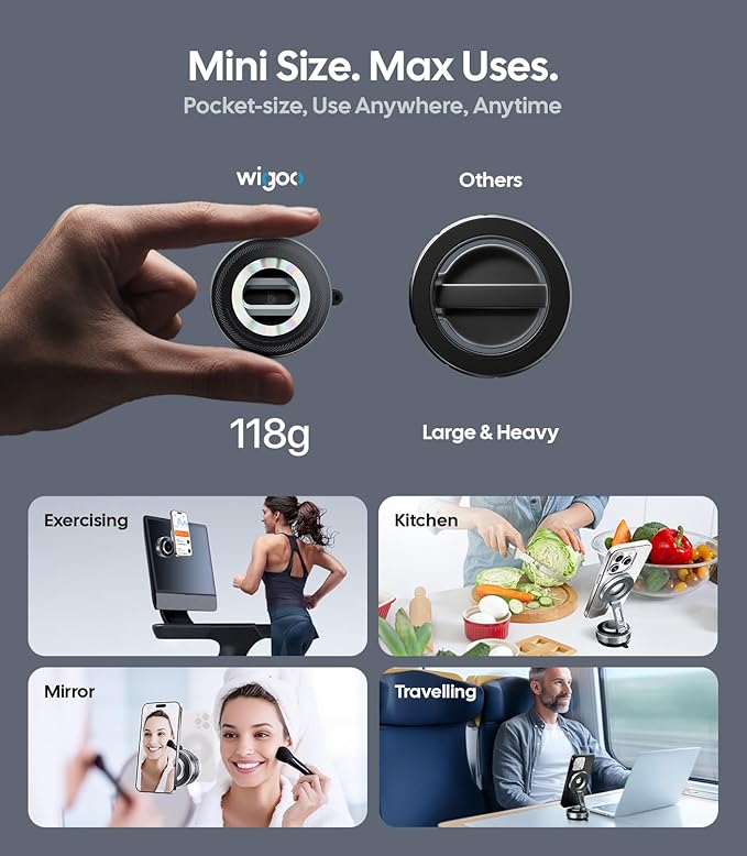Wigoo Vacuum Magnetic Phone Holder for Car for Magsafe [80LBS Suction & 3000gf Magnetic] 360° Adjustable Car Phone Mount, for iPhone 17 Pro Max 16 15 14 13 12 Air Plus, Gray