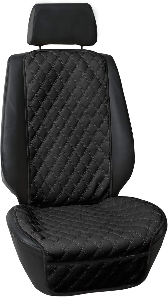 FH Group Car Seat Cushion – Faux Leather Single Front Seat Cover with Front Pockets, Airbag Compatible, Universal Fit Car Seat Cushion for Driver or Passenger Seat, SUV, Truck, Sedan & Van – Black