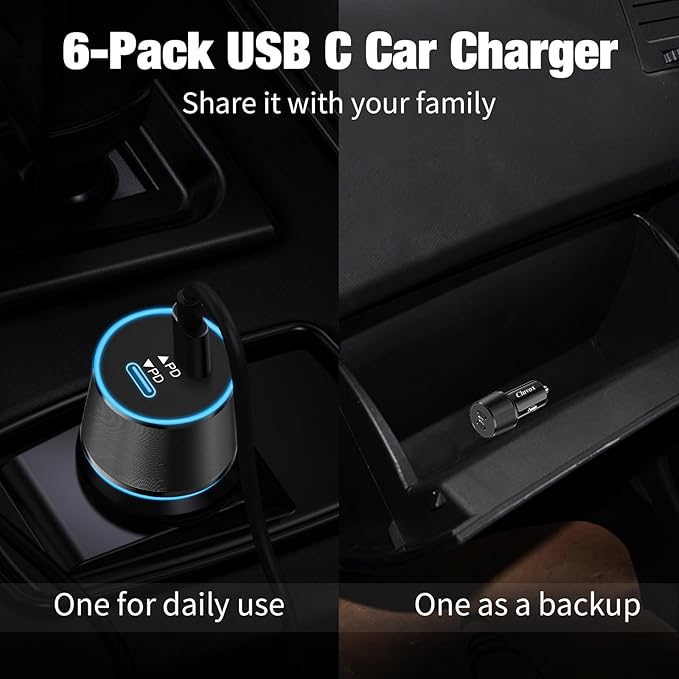 6 Pack 40W USB C Car Charger Fast Charging, Dual 20W Type C Port Cigarette Lighter Adapter, 12V USBC Plug Accessories Bundle for iPhone 17 16 15, Samsung Galaxy S26 S25, Google Pixel 10 Android Phone