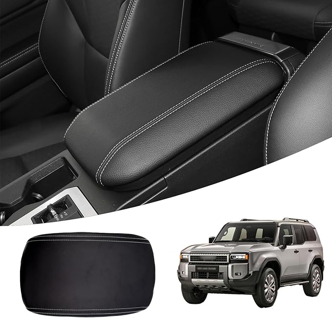 Black Leather Center Console Armrest Cover for 2024-2025 2026 Toyota Land Cruiser Prado 250,2024 Land Cruiser Accessories Car Center Arm Rest Cover Pad Protector(White Stitches)