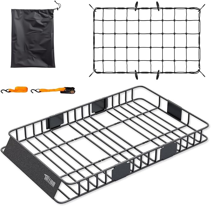 TUFFIOM 64"x 39"x 6" Extendable Rooftop Cargo Carrier Basket, Universal Steel Roof Rack Basket w/Net+Storage Bag+Straps, Heavy Duty Car Top Rack Luggage Holder Carrier for SUV Car Truck Van