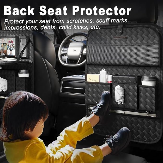 XDV Car Seat Organizers,Multi-functional Back Seat Protectors, Storage Pouches, and Tray Holders (for Cars, Kids, Seat Back and Rear Seats) (Woven Black, 1 Pcs)