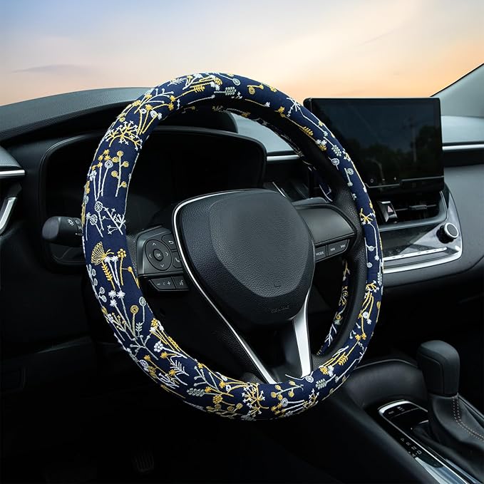 Navy Spherical Flowers Steering Wheel Cover Auto Steering Wheel Protector, Anti-Slip, Absorbing Sweat, Universal Flowers Car Accessories 14.5–15 inch,Fit for Most Car, Trucks, SUV