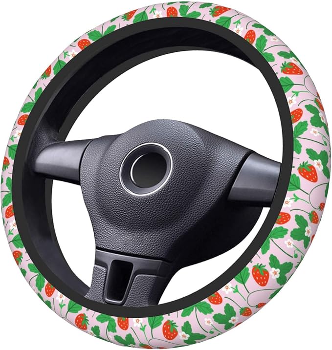 Strawberry Steering Wheel Cover for Women Elastic Rubber Steering Wheel Universal 15 Inch Fit for Cars, Auto, SUVs