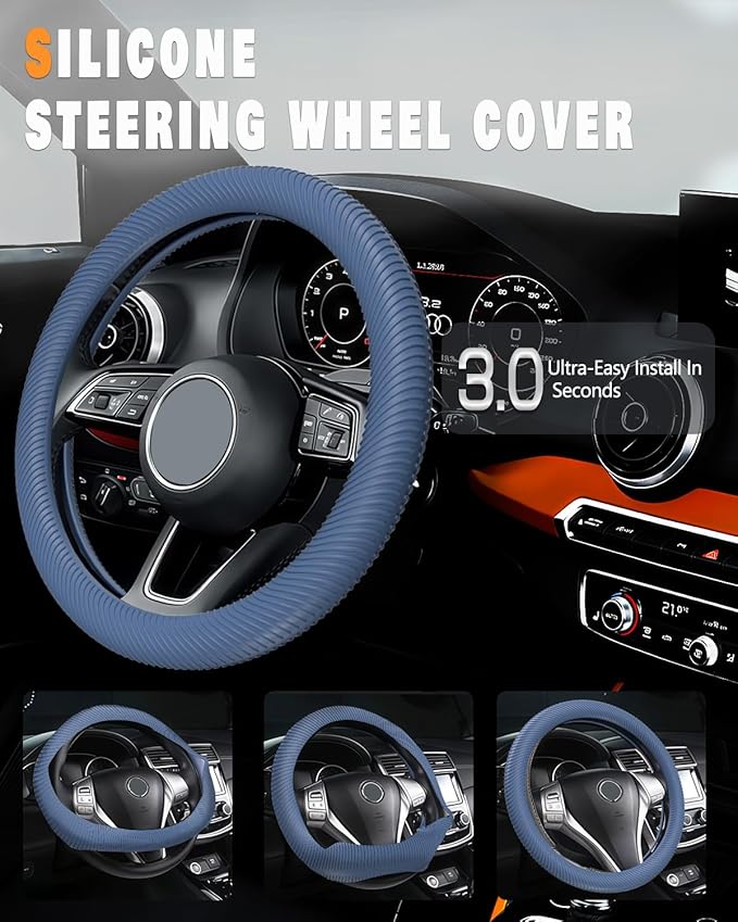 WOCOCN Car Steering Wheel Cover, Thin Anti-Skid Silicone Steering Wheel Cover for Men & Women, Universal Automotive Interior Accessories for Most Cars (Dark Blue)