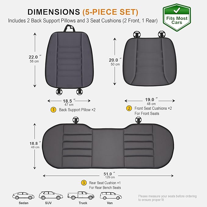 kingphenix 5-Piece Memory Foam Car Seat Cushion Set with Full Back Support Pillow, Comfort for Long Drives & Road Trips, Universal Automotive Comfort for Most Car, Van, Truck, SUV, Dark Grey