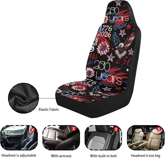 ELEQIN 250 Patriotic American Flag Car Front Seat Covers, 2 Pack Polyester Automotive Seat ProtectorsSoft & Breathable, Automotive Interior Accessories for Most Cars