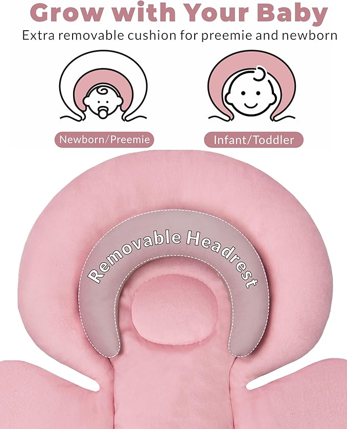 Infant Car Seat Insert with Extra Cushion for Preemie to Toddler, Reversible Newborn Carseat Insert for Baby Head Body Support, Fits for Stroller, Baby Swing, Bouncer (Pink)