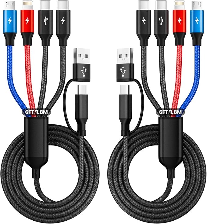 6FT 2Packs Travel 4 in 2 Charging Cable with Dual Type-C Ports, USBA/C Multi Charging Cable for Multiple Devices, Tinned Copper Universal Car Charger for iPhone17-12, Android Tablet Pad and More