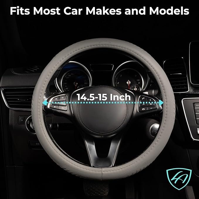 Lord Autofashion Steering Wheel Cover – PU Leather, Non-Slip Rubber Inner, All-Season Comfort – 14.5–15 Inch (Grey 9356)
