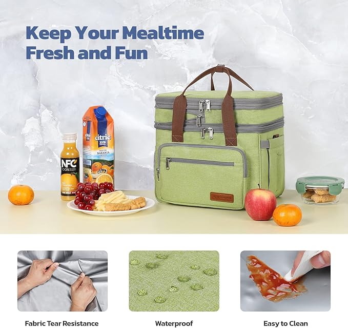 Maelstrom Lunch Box, 23L Insulated Lunch Bag, Expandable Double Deck Cooler Bag, Lightweight Leakproof Tote Bag With Side Tissue Pocket, Suit For Men and Women (C. Green)