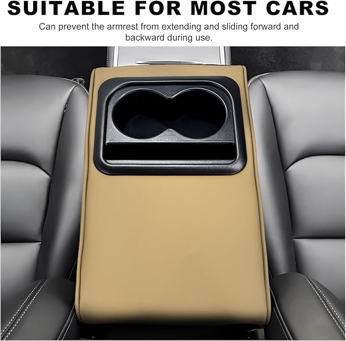 Car Center Console Armrest Pillow, Memory Foam Auto Armrest Box Cover with Cup Holder & Phone Holder, Waterproof Leather Arm Rest Protector Cushion, Interior Car Accessories (Beige)