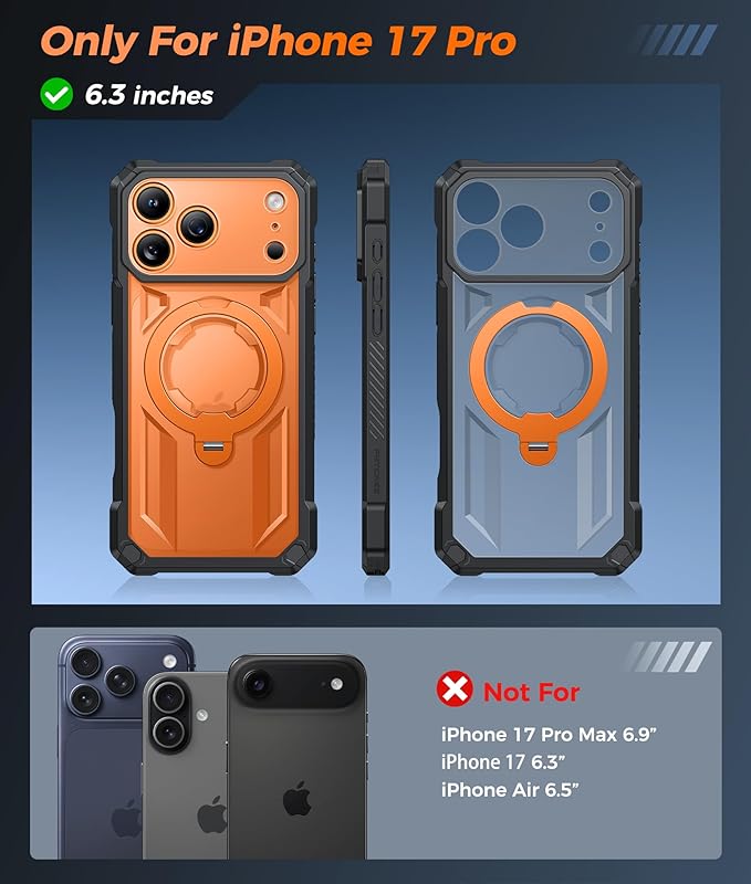 FNTCASE for iPhone 17 Pro Case: [360 Spin Magnetic Ring Kickstand] [Compatible for MagSafe] [Screen Protector] Heavy Duty Military Grade Protection Protective Phone Case with Stand Translucent Orange