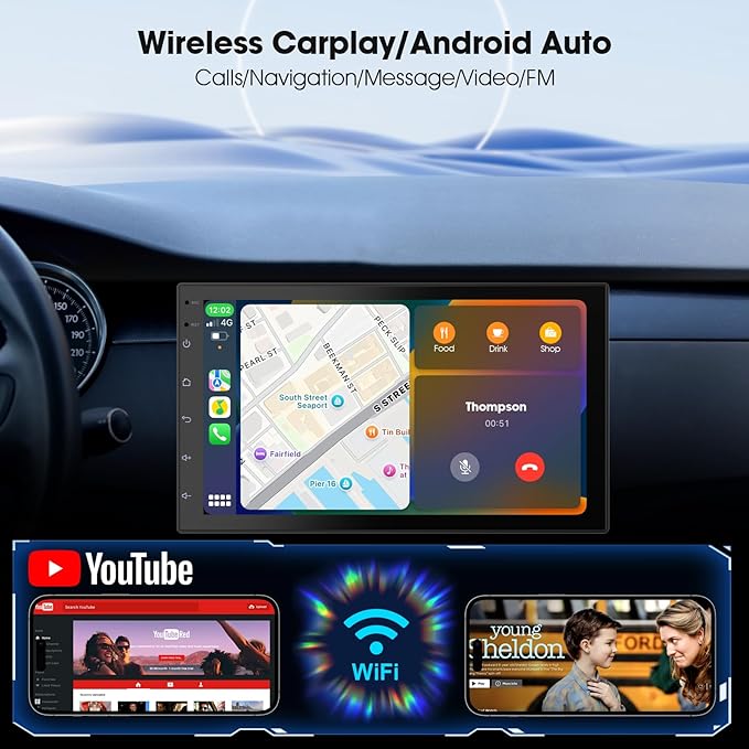 Wireless CarPlay Screen for Car & Android Auto Head Unit - Touchscreen 7 Inch Double Din Car Stereo with Backup Camera for All Cars (2+32GB NO Camera)