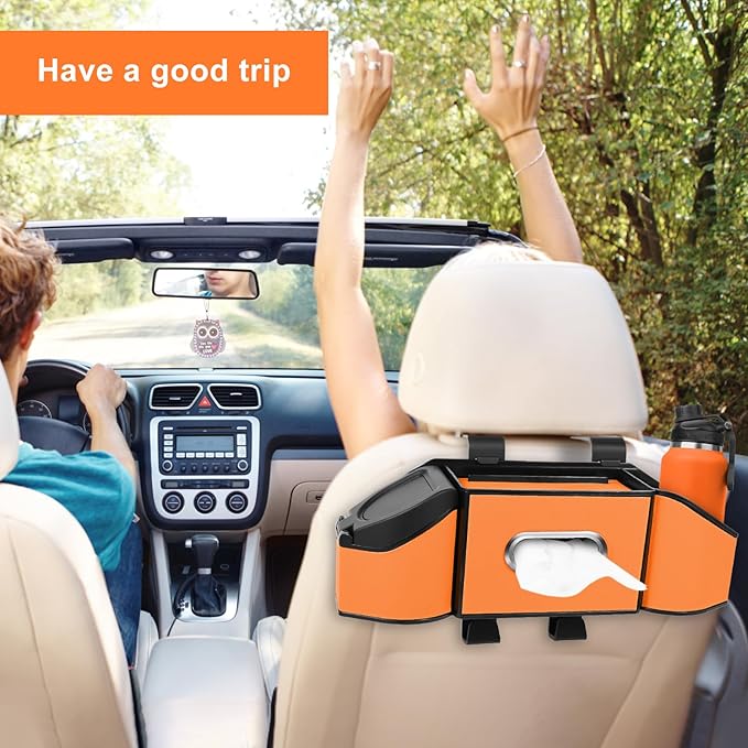 7-In-1 Car Seat Back Organizer with Cup Holders, Tissue Box, Garbage Can&Hooks, Multifunctional Headrest Storage Organizer, Headrest Cup Holder for Backseat, Car Accessories for Trips, Travels(Orange)