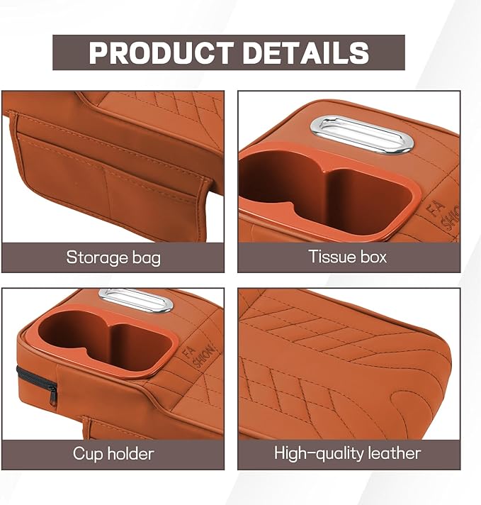 Car Center Console Armrest Pillow, 13.4"×7.5"×2" Leather Auto Arm Rest Cover with Pocket & Tissue Box & Cup Holder, Multifunctional Vehicle Armrest Cushion Pad, Car Accessories (Orange)