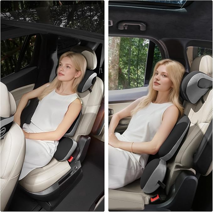 BEBAS Car Headrest Pillow, Memory Foam Neck Support Pillow for Cars - Ergonomically Designed for Long Drives, Travel & Commuting, Pain Relief with Removable & Washable Cover (Black Gray, 1-Pack)