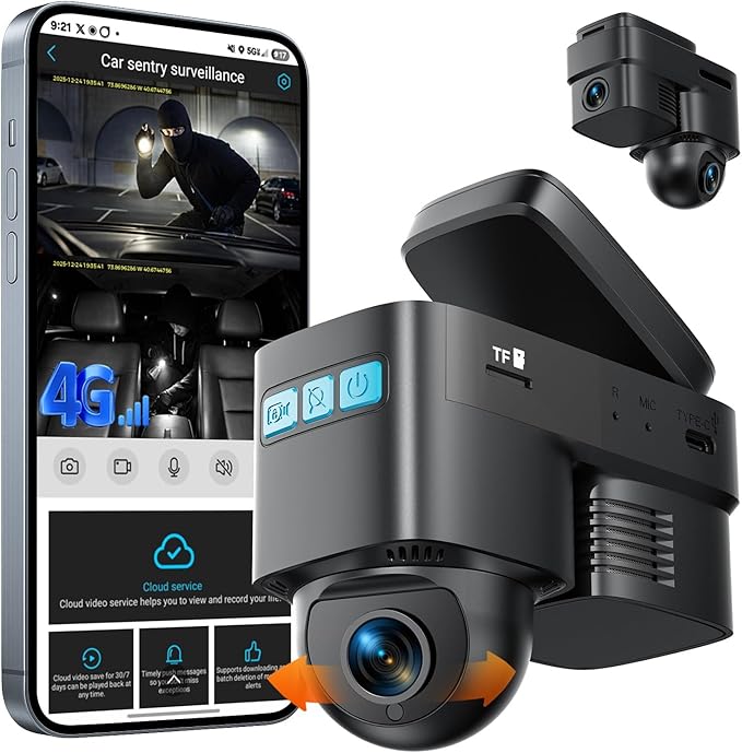 Volam 4G LTE Cellular Dash Cam with Live Streaming & GPS Tracking - Dual Car Security Camera with Remote Live View,Cloud Storage,AI Motion Detection,Sentry Mode, Anti-Theft Protection for Vandalism