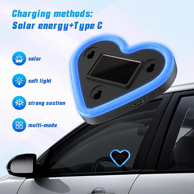 6 Lighting Modes Solar Powered Car LED Ambient Light, Rechargeable Wireless LED Heart Shape C-Pillar Neon Light, AutoGlow Solar Heart Light for Car Window Romantic Decor Surprising Gifts
