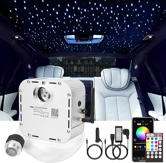 CHINLY Starlight 32w Twinkle 710pcs 13.1ft (0.03in+0.04in+0.06in+0.08in) Bluetooth RGBW LED Fiber Optic Star Ceiling Light,APP/Remote +Adapter+Cigarette Lighter+10 Crystals,for Headliner/Ceiling