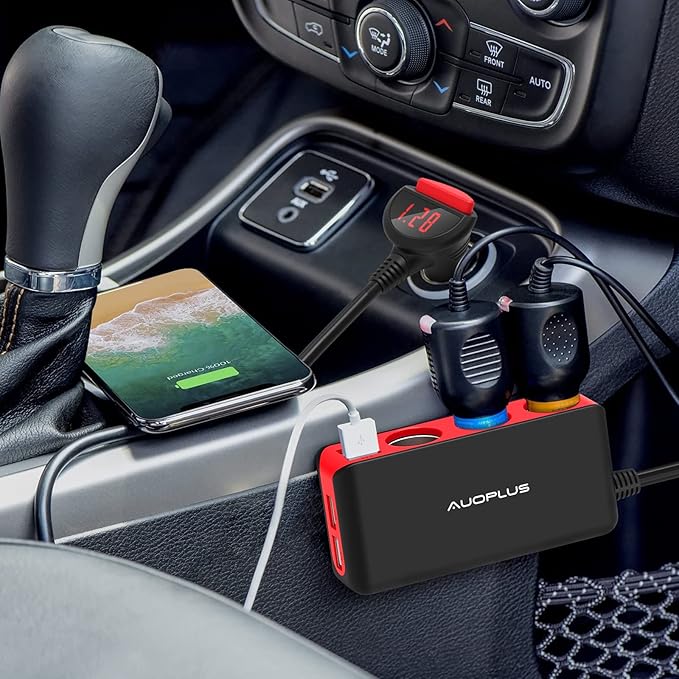AUOPLUS 120W 3 Socket Cigarette Lighter Splitter Car Charger Adapter, LED Voltage Display Dual 4 USB Chargers(6.8A), Car Charger On/Off Switches 12V for iPhone iPad Samsung GPS Dashcam