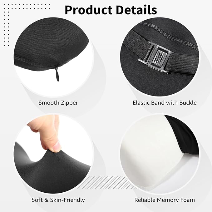 Black Memory Foam Car Seat Support Set, Headrest and Lumbar Cushion with Detachable Zipper Cover