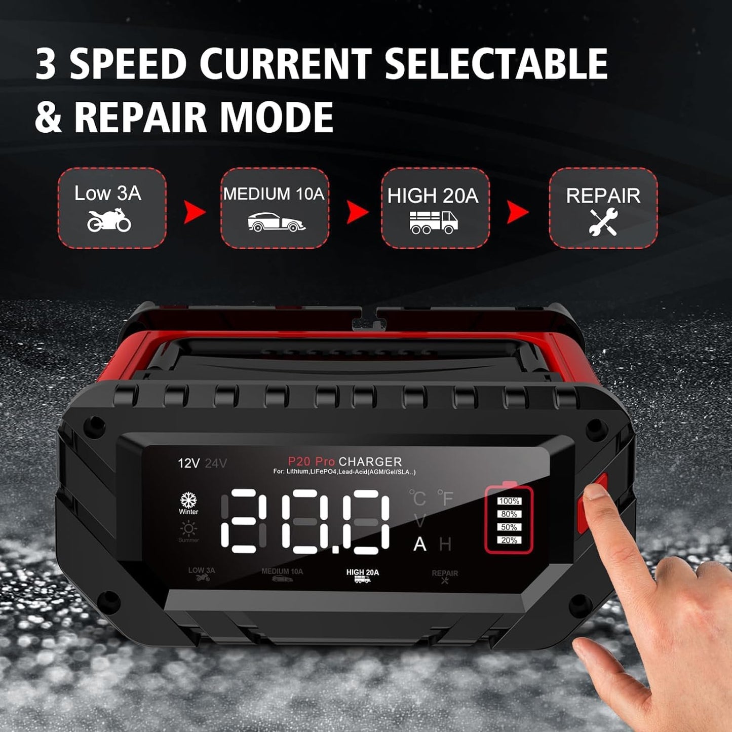Battery Charger 0-20Amp,12V/24V Lithium,LiFePO4,Lead Acid,Fully-Automatic Smart Car Battery Charger,Trickle Charger, Maintainer/Pulse Repair for Boat, Motorcycle,Suv,Truck,Golf Cart, Lawn Mower