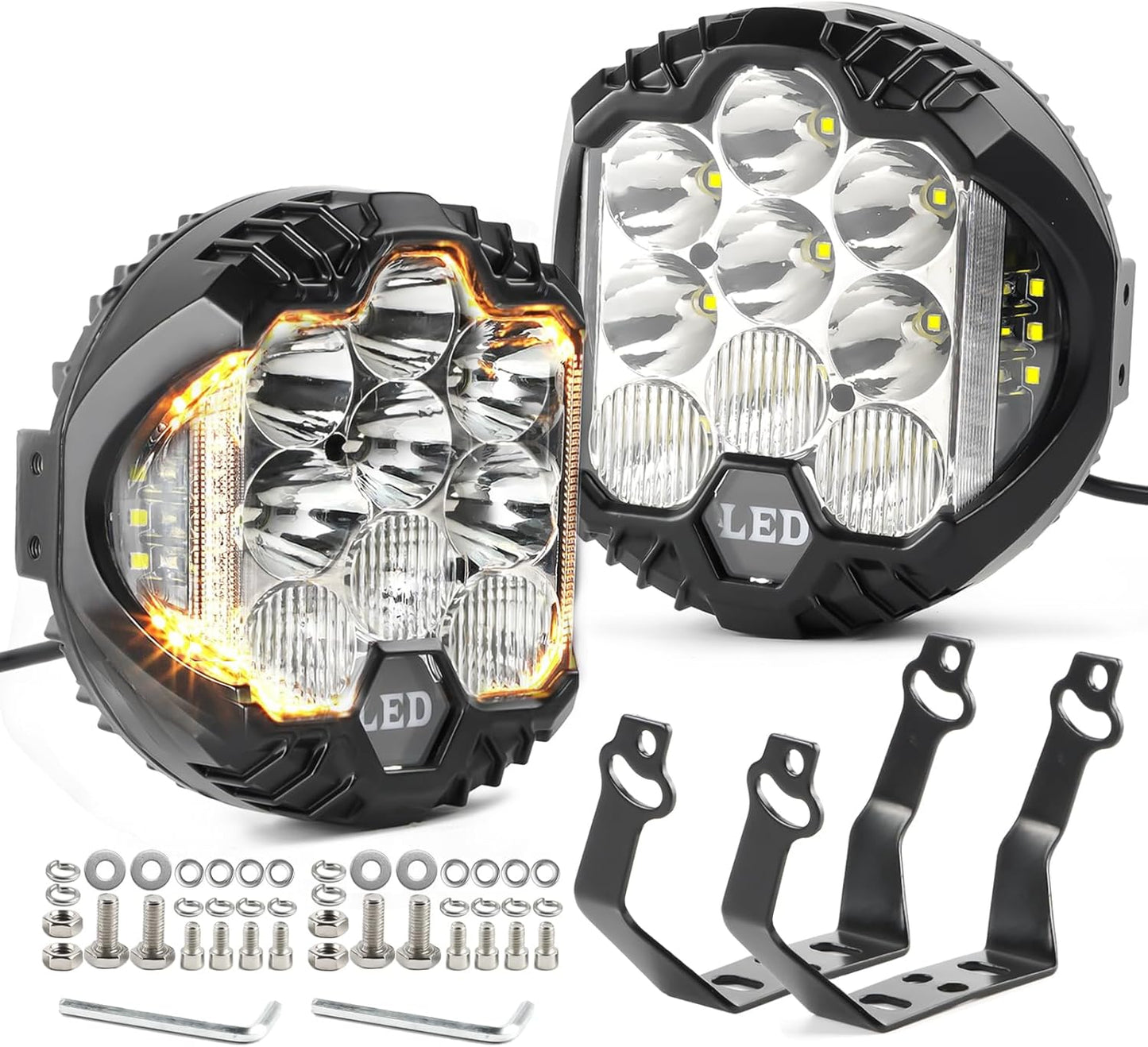 LIGBT 2PCS 7 Inch Round LED Offroad Light with DRL 90W LED Off Road Lights Super Bright Driving Spot Light Bar with Amber DRL Side Shooter Lights Waterproof 12V 24V for Pickup Trucks SUV UTV