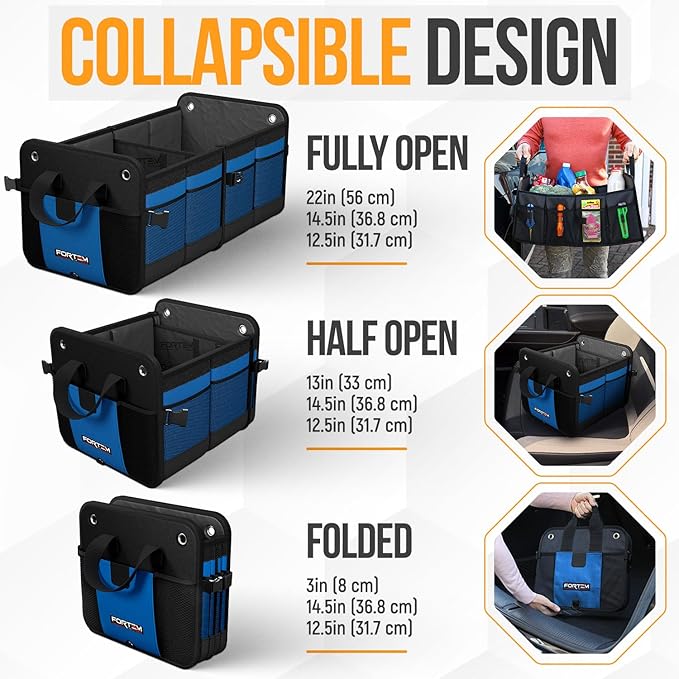 FORTEM Trunk Organizer For SUV Car Organizer and Storage, Multi-Compartment Storage Bag Car Accessories for Women Men, Perfect Christmas Gifts, 1680D Oxford, Non Slip Bottom, Straps, Soft Cover (50L)