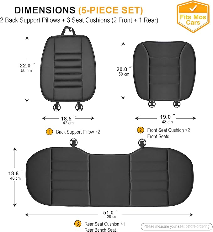kingphenix 5-Piece Memory Foam Car Seat Cushion Set with Full Back Support Pillow, Comfort for Long Drives & Road Trips, Universal Automotive Comfort for Most Car, Van, Truck, SUV, Black