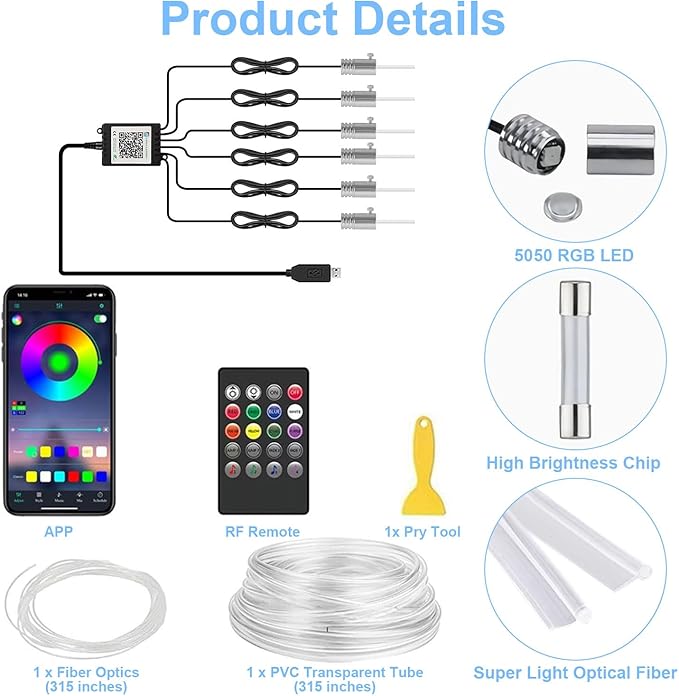 Interior Car LED Lights with Wireless APP/RF Remote Control, RGB 6 in 1 Ambient Lighting Kit with 315 Inches Fiber Optic,16 Million Color Neon Strip Inside Sync to Music,Car Decorations Accessories