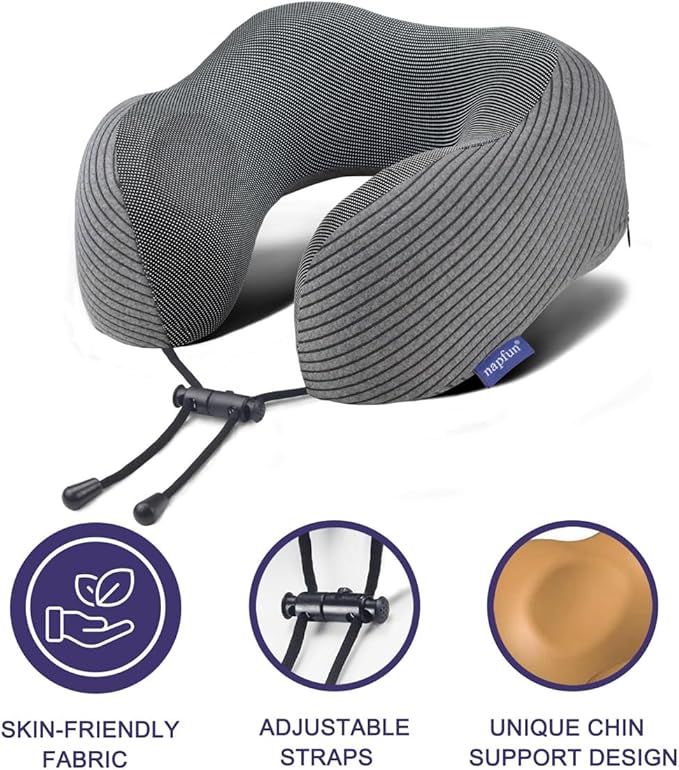 napfun Neck Pillow for Traveling, Upgraded Travel Neck Pillow for Airplane 100% Pure Memory Foam Travel Pillow for Flight Headrest Sleep, Portable Plane Accessories, Dark Gray Striped Kit