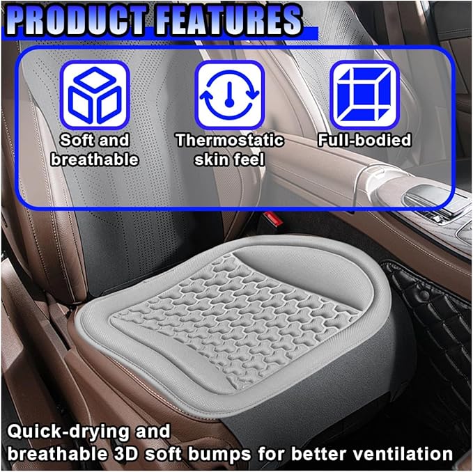 Car Seat Cushion, Comfort Cool Ice Silk Fibers Automotive Front Seats Pad, Non-Slip Breathable Auto Guard Seat Cushion, Drivers Seats Protector Covers for Vehicle, Home, Office (Grey)