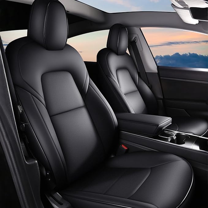 AOMSAZTO Car Seat Cover for Tesla Model Y 2020 2021 2022 2023 2024 2025 - Full Set Faux Leather Seat Covers (Black)