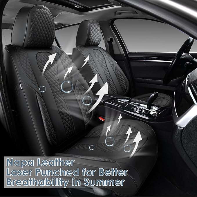 KEYOOG Car Seat Covers Full Set, 2-Seater Waterproof and Breathable Nappa Leather, Fit for Front Seats of Cars, Compatible with Airbags, Car Seat Protector Covers for Most Cars - Pure Black