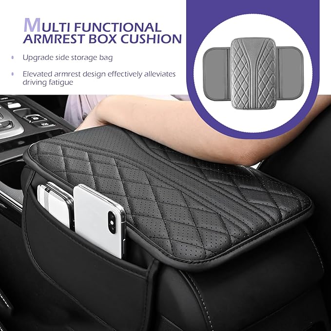 Car Center Console Cover, Leather Center Armrest Cover with Storage Bags, Automotive Heightening Console Protection Pad, Universal for Cars, Trucks, SUVs (Grey)