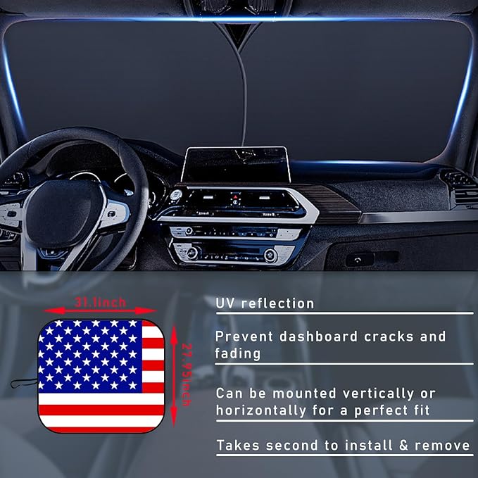 Ziciner 2 PCS Car Windshield Sun Shade, Auto Sun Heat and UV Rays Blocker, 28"×31" Foldable Automotive Front Window Sunshade Protector, Universal Vehicle Interior Accessories (Red Flag-M)