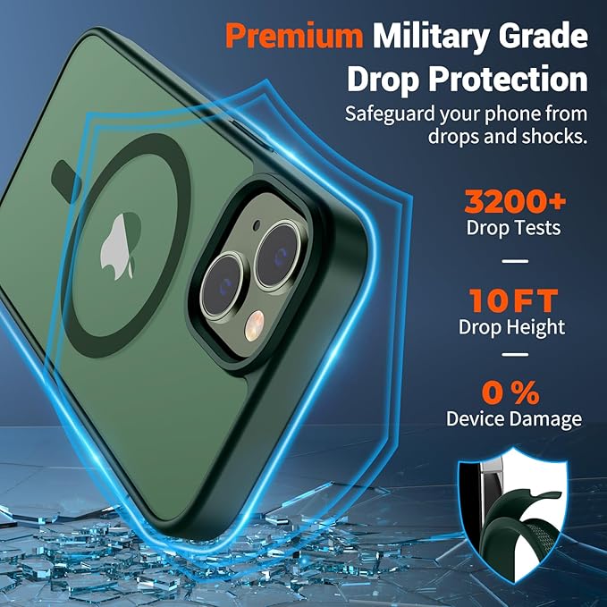 SUPFINE Magnetic for iPhone 14 Case & iPhone 13 Case (Compatible with MagSafe)(Military Grade Drop Protection) Slim Translucent Matte Shockproof Phone Cover,Forest Green