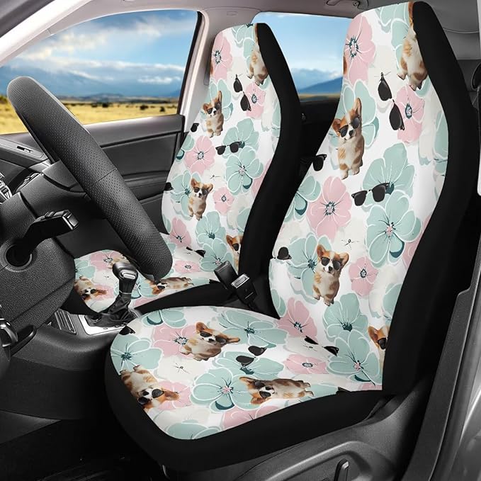 Funny Dog Flowers Car Seat Covers for Womens Mens Universal Auto Front Seats Protector Fits for Car,SUV,Van, Truck
