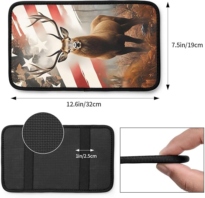 Universal Car Center Console Cushion Pad, American Flag Deer Soft Waterproof Car Center Console Cover Auto Armrest Seat Box Cover Protector for Most Vehicle SUV Truck Car