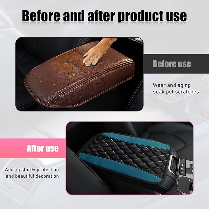 Car Center Console Cushion Pad, PU Leather Waterproof Auto Armrest Box Cover Protector, Comfortable Armrest Seat Box Cover Mat, Universal Car Accessories for SUV Truck (Black Green)