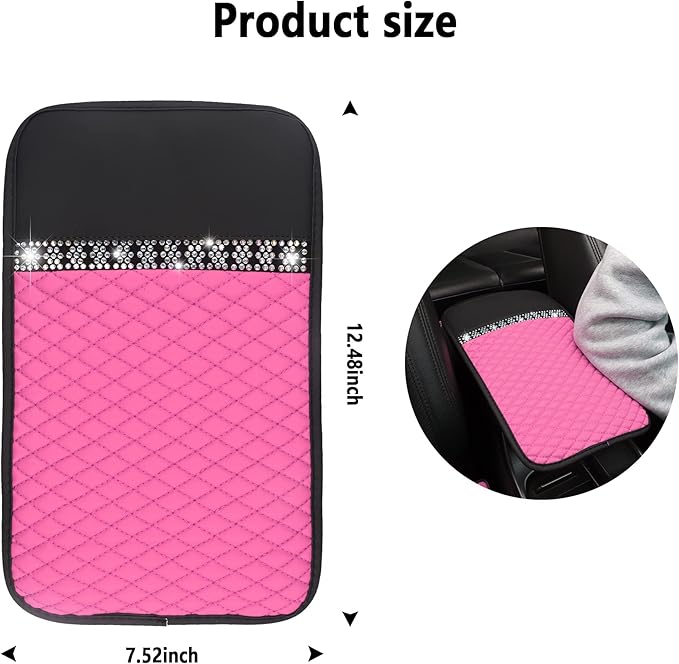 Bling Leather Car Armrest Box Cover,Car Center Console Protector with Colorful Crystal Rhinestones,Anti-Scratch Waterproof Car Armrest Seat Pad for Most Car,SUVs,Trucks (Pink)