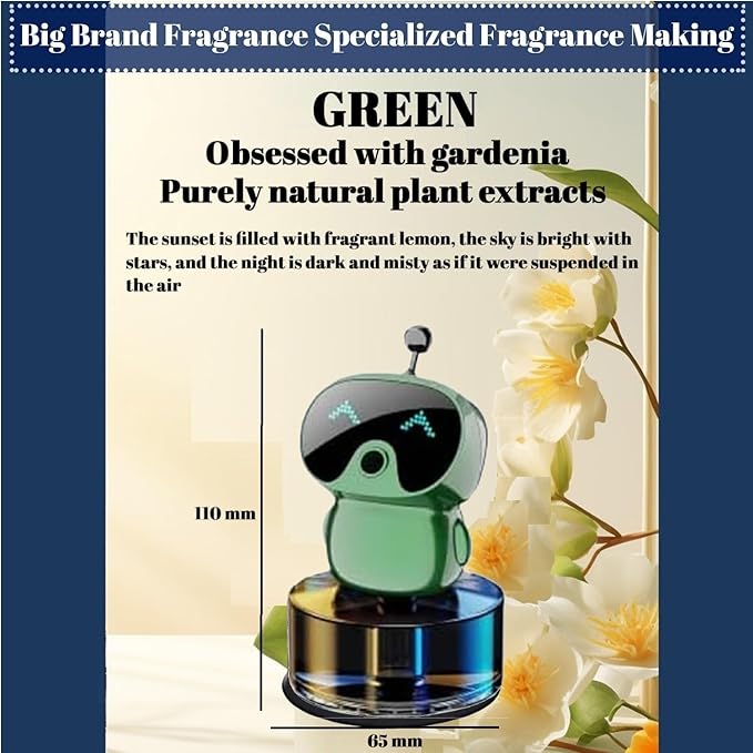 Robot Intelligent Aromatherapy Machine, Smart Cute Robot Car Air Freshener, Fine Spray/Fillable/Four-Gear Adjustment/Vibration Sensing/On-Off/Large Capacity Long-Lasting Fragrance/V1 (Green, Gardenia)