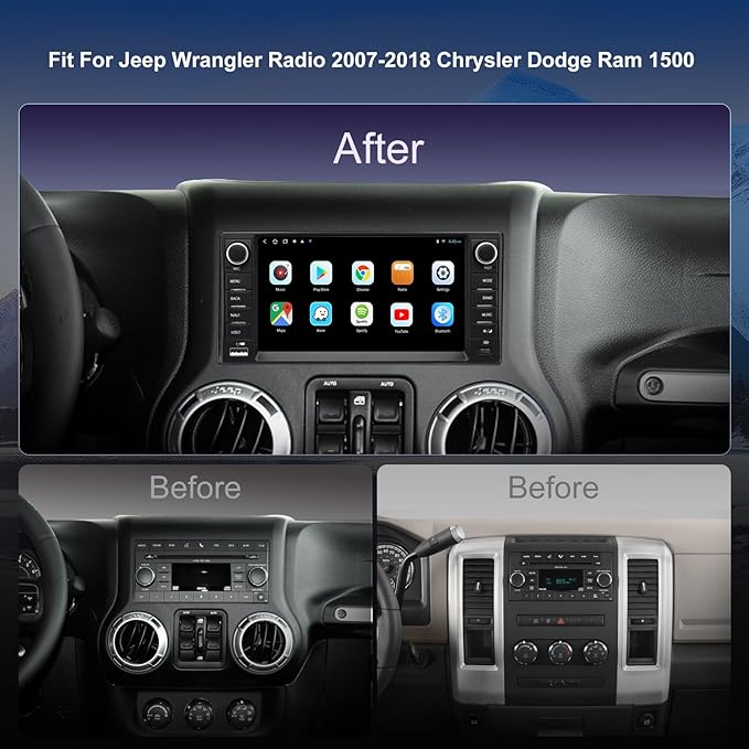 4G LTE QLED Radio for Jeep Wrangler 2007-2018 Chrysler Dodge Ram 1500,Touch Screen 8core Stereo Upgrade,Wireless carplay & Android Auto,Fast Charge,Free Backup Camera