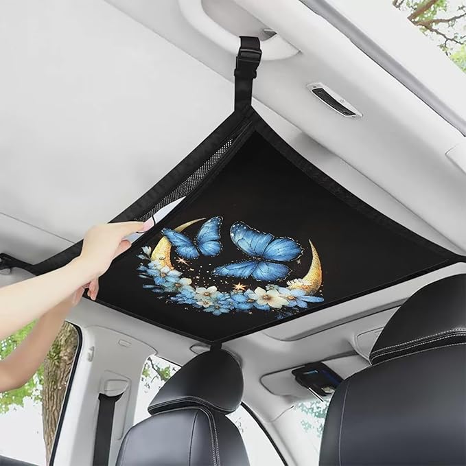 Generic Butterfly Moon Ceiling Storage Net Pocket Car Roof Interior Cargo Net with Zipper, Double-Layer Mesh Roof Organizer, Breathable Mesh Bag, SUV Sundries Storage Pouch