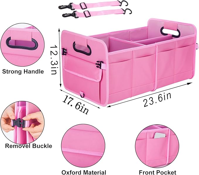 titiyiof Trunk Organizer For Suv & Sedan,Car Organizers and Storage, Waterproof Collapsible & Adjustable Straps,70L Sturdy Car Organization for Car Accessories, Tools,Sundries,2-3 Compartment（Pink